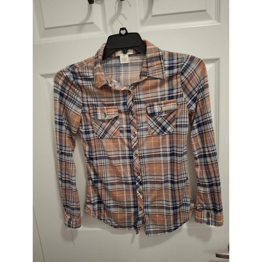 3/$15 Passport Small Peach Navy Plaid Flannel Long Sleeve Preppy Button Up Shirt